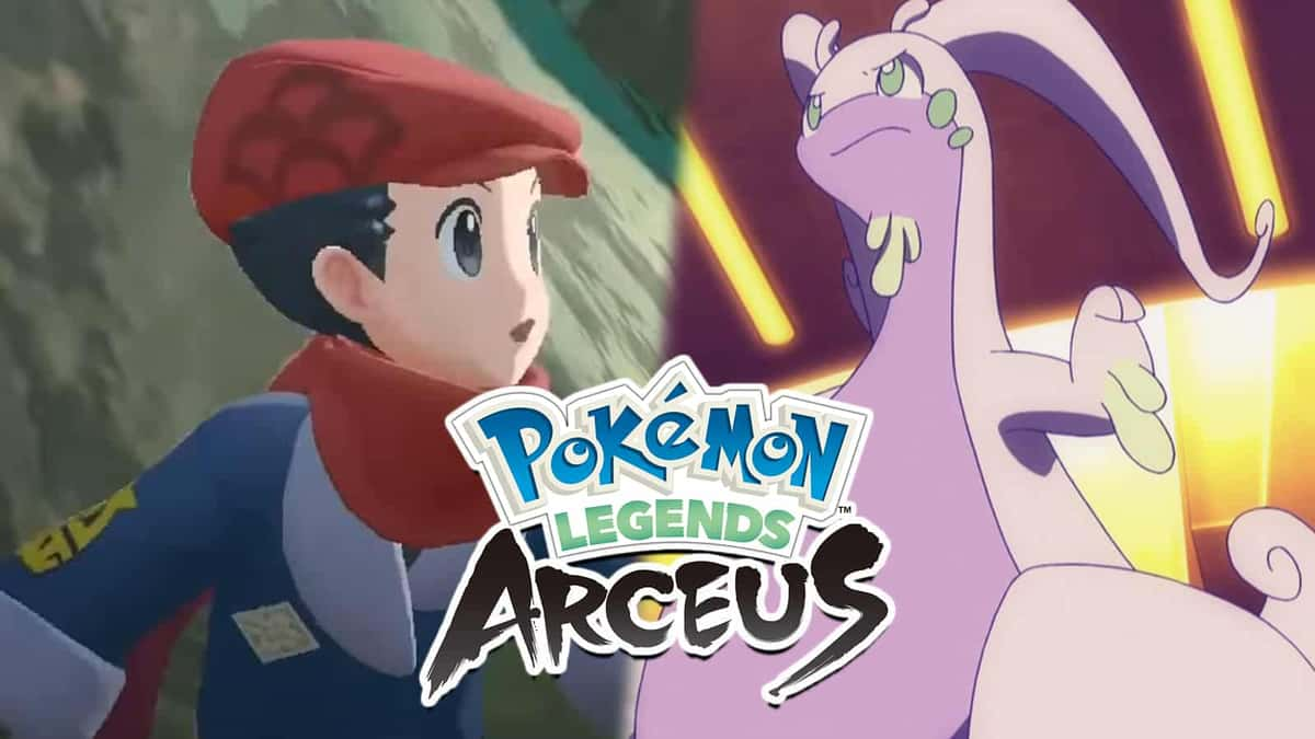 Pokemon Legends Arceus protagonist next to Goodra from Pokemon anime