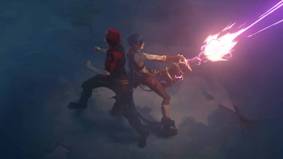 League of Legends two girls back to back fighting one fires a large gun