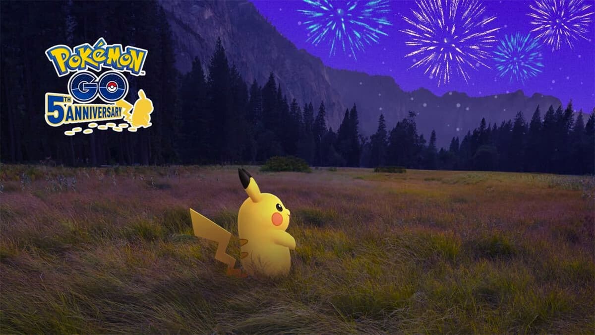 Pikachu watching fireworks in the sky in Pokemon Go's Festival of Lights