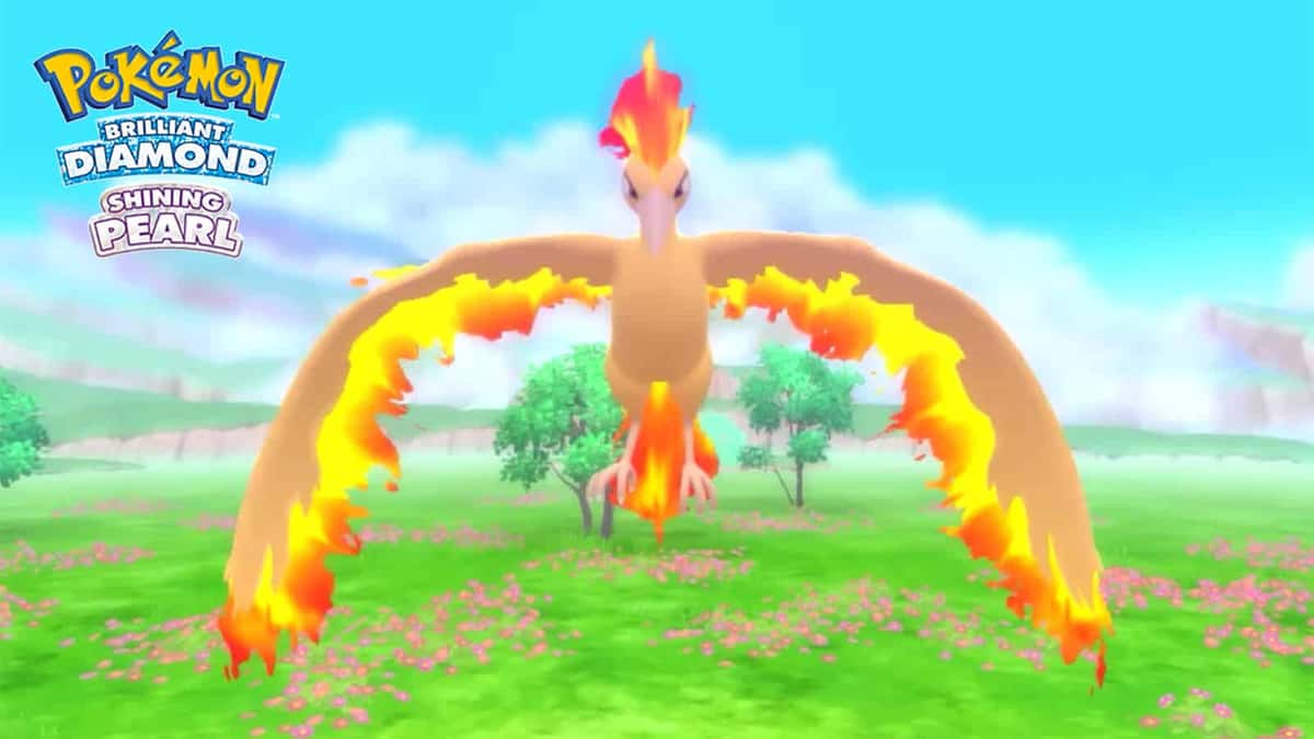 The Legendary Moltres in Pokemon Brilliant Diamond and Shining Pearl