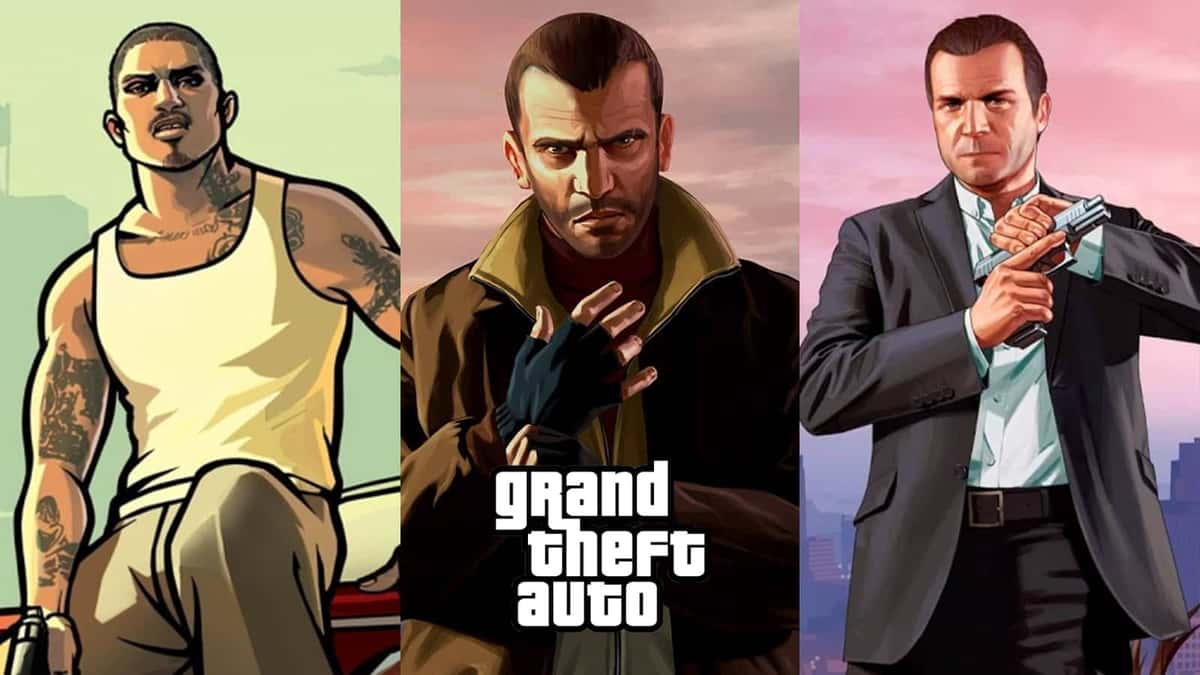 Posters for GTA San Andreas, GTA 4, and GTA V