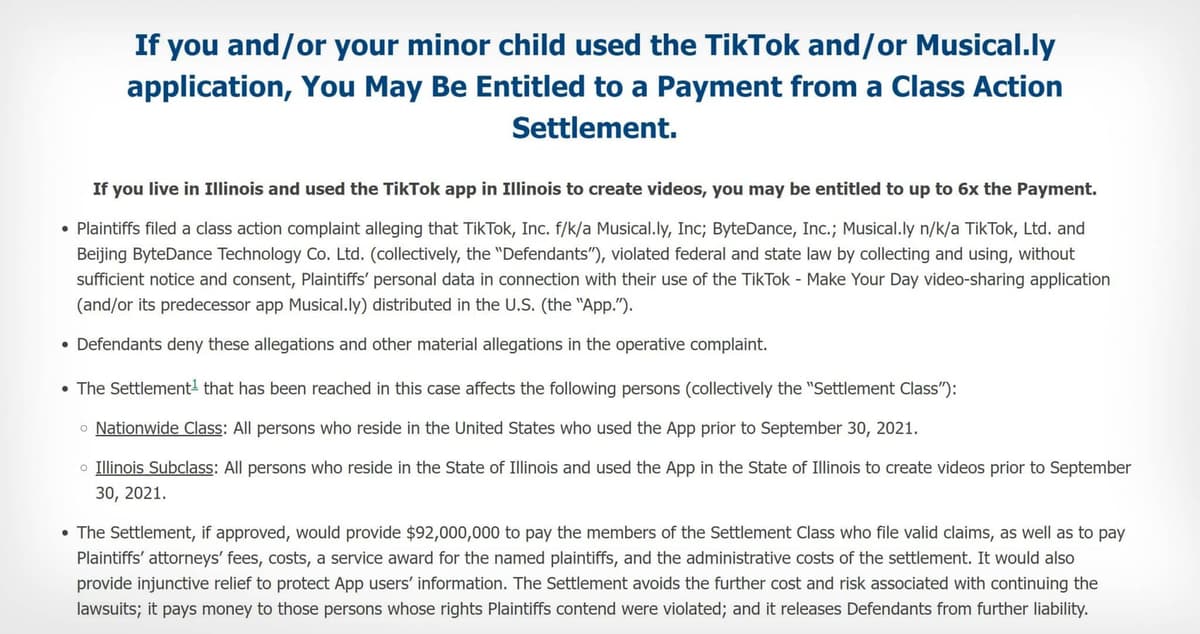 TikTok class action website