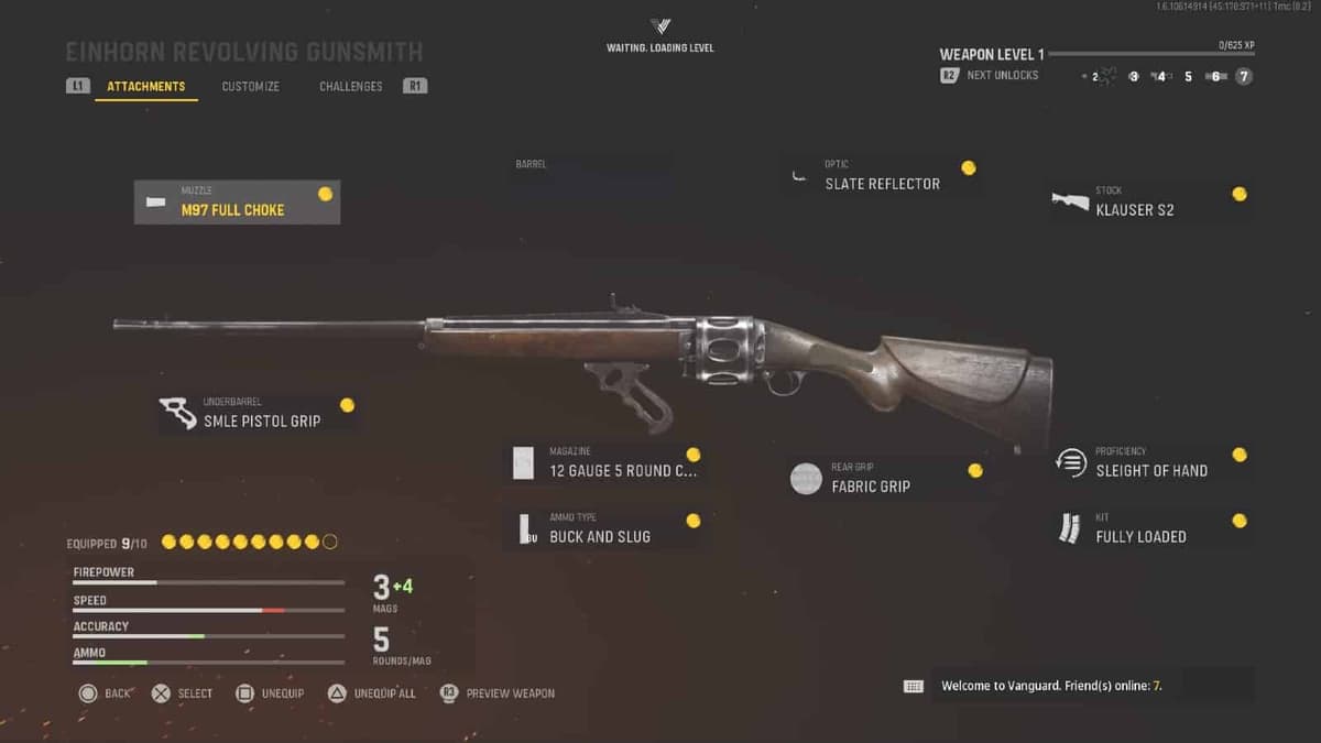 Einhorn Revolving class loadout in Vanguard - featuring the SMLE pistol grip, Muzzle choke, Buck and Slug rounds, plus more.