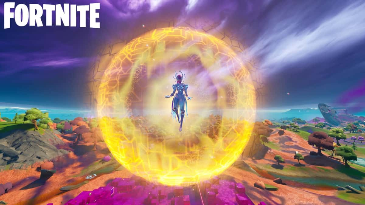 The Cube Queen in Fortnite floats above the island surrounded by a ball of energy