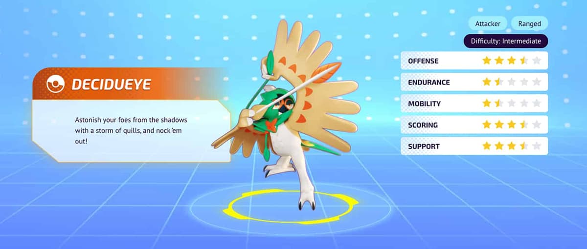 Decidueye on the character selection screen in Pokemon Unite