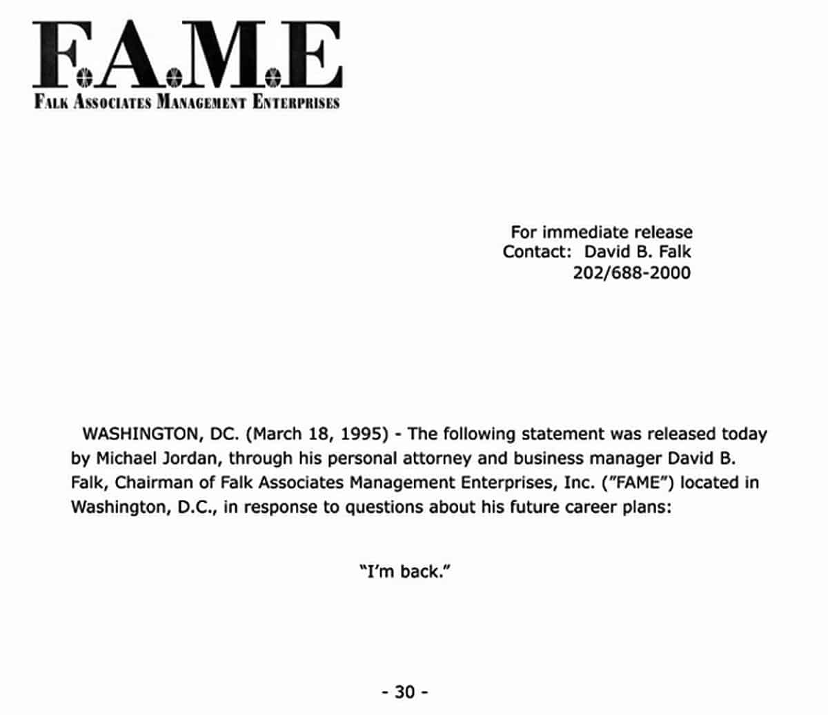 Image of Michael Jordan's famous I'm back press statement