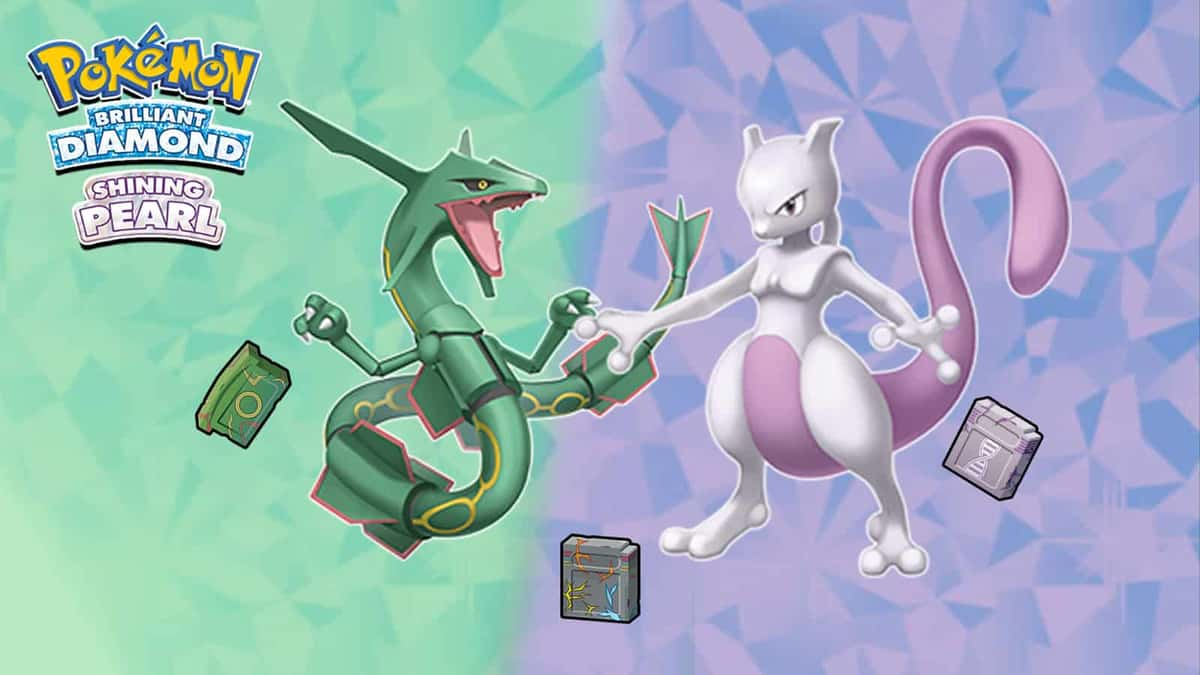 Pokemon Brilliant Diamond & Shining Pearl Ranamas Park art featuring Mewtwo and Rayquaza