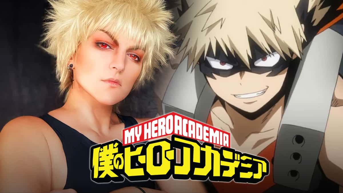 Cosplayer Remy Domino next to My Hero Academia hero Katsuki Bakugo.