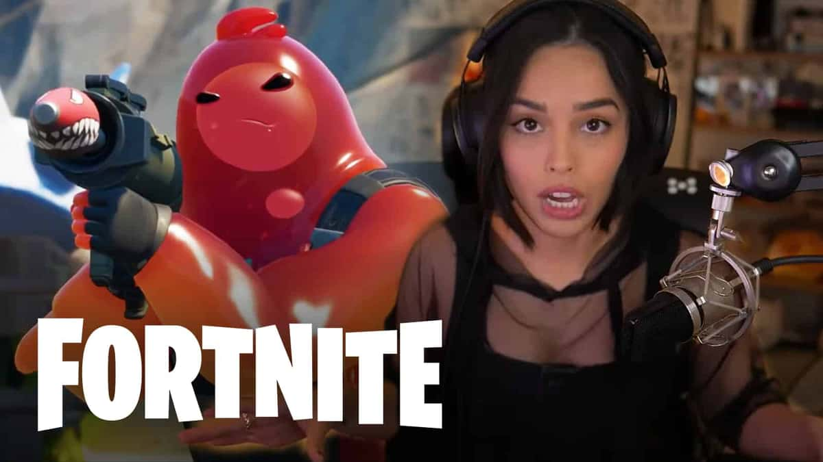 Valkyrae talks next to Fortnite character.