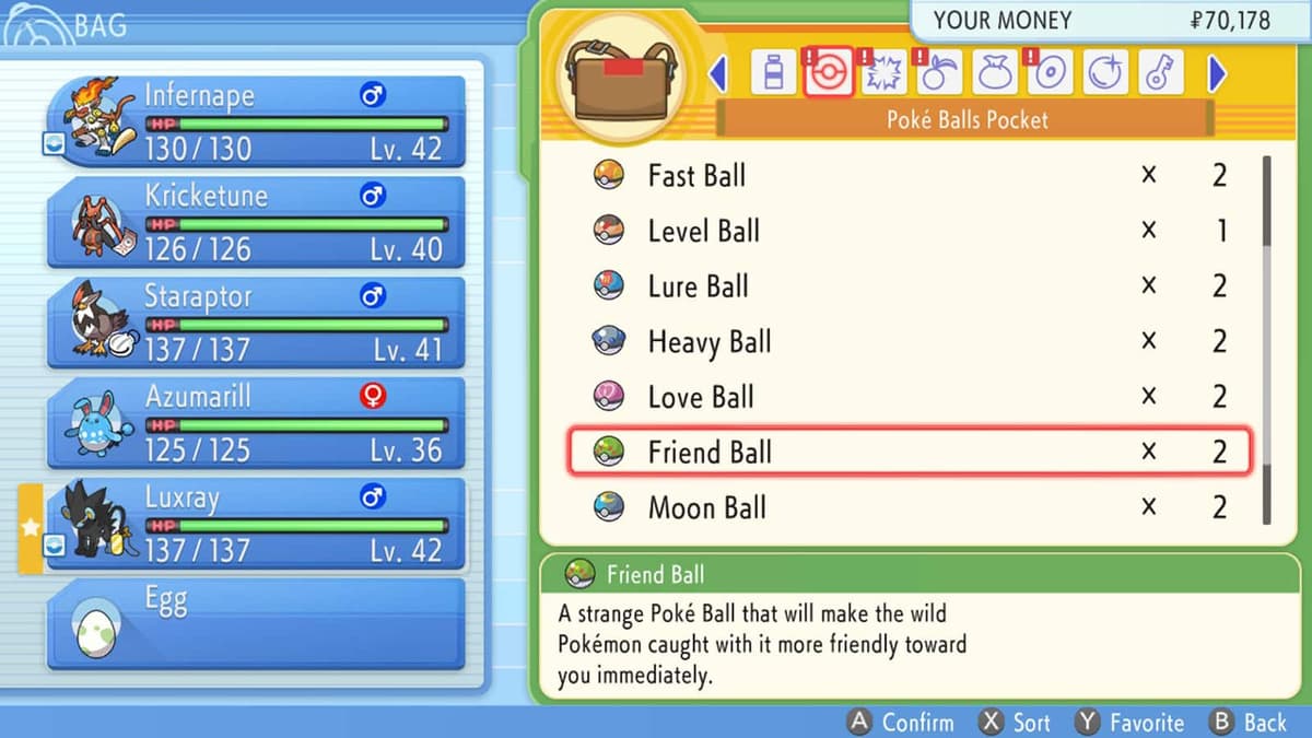 A Friend Ball in the Pokemon Brilliant Diamond and Shining Pearl menu