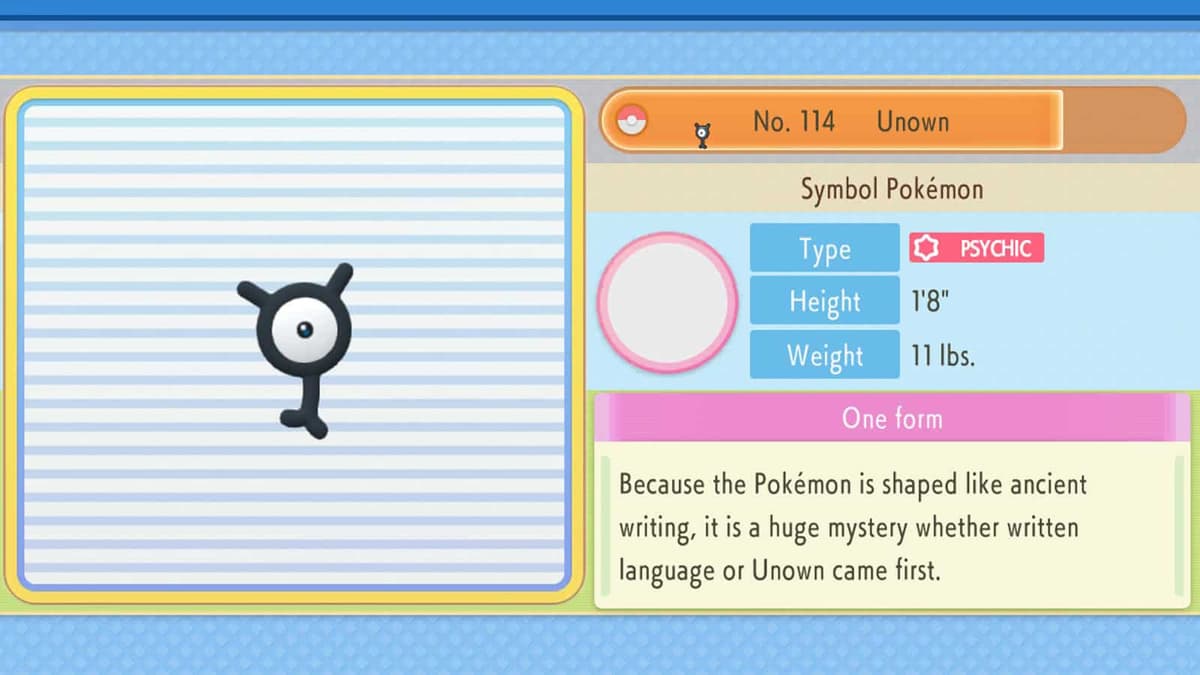 Unown appearing as number 114 on the Sinnoh Pokedex in Pokemon Brilliant Diamond