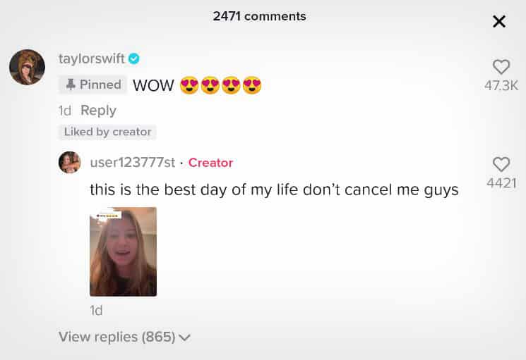 Taylor Swift comments on viral TikTok