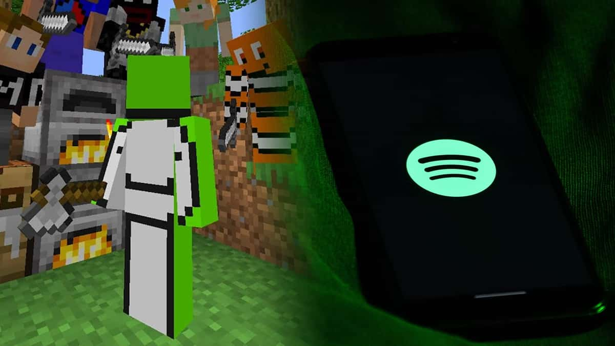 Dream Minecraft character next to Spotify logo on phone