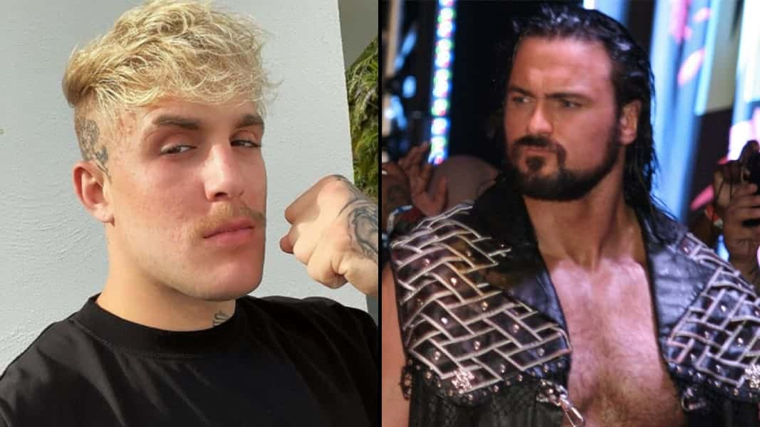 Jake Paul baling a fist alongside WWE star Drew McIntyre