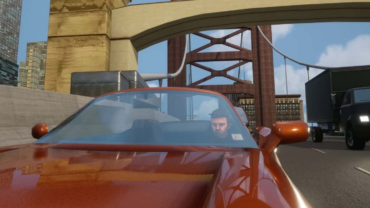 claude driving across liberty city bridge