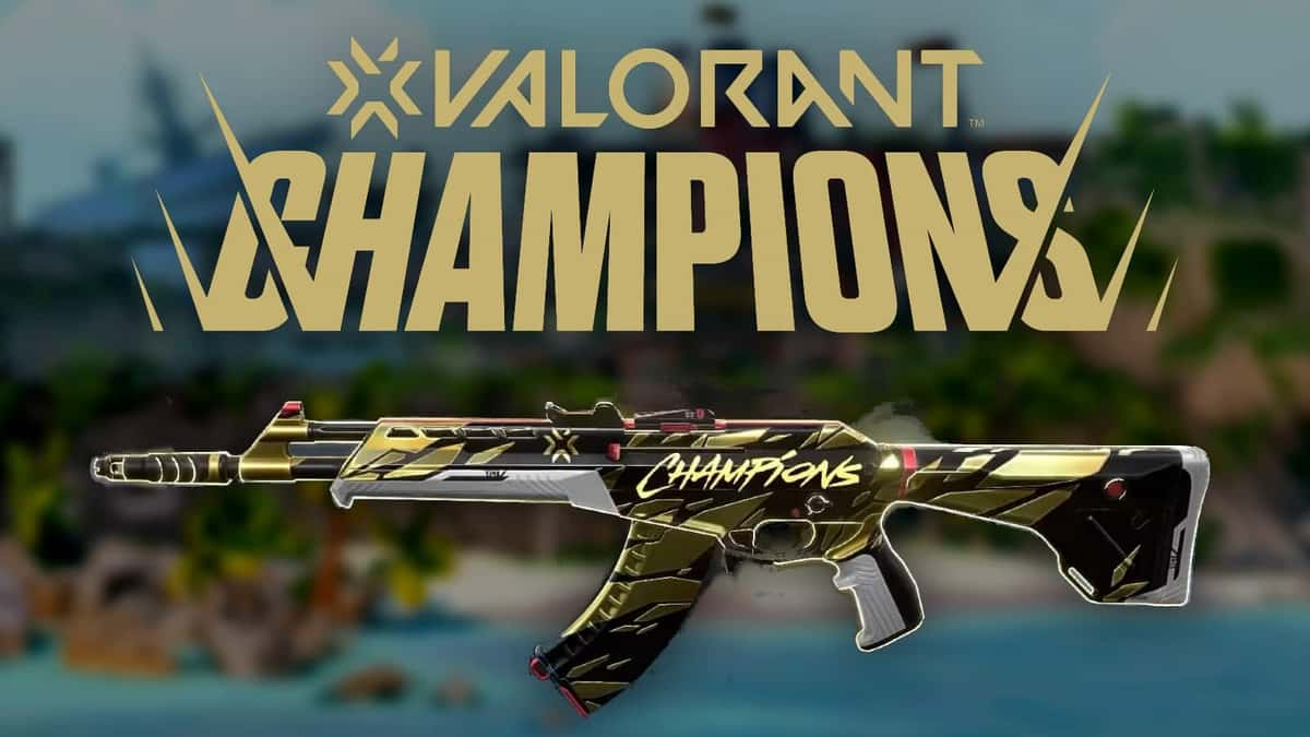 Valorant breeze map blurred with Champions Logo and Vandal