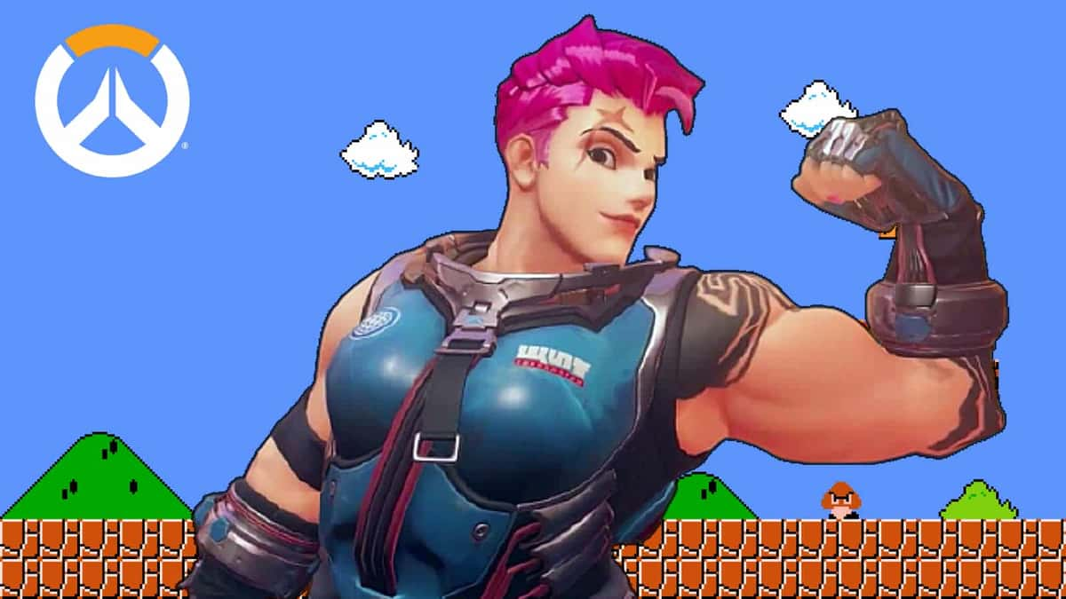 overwatch zarya on a super mario bros classic backround with logo