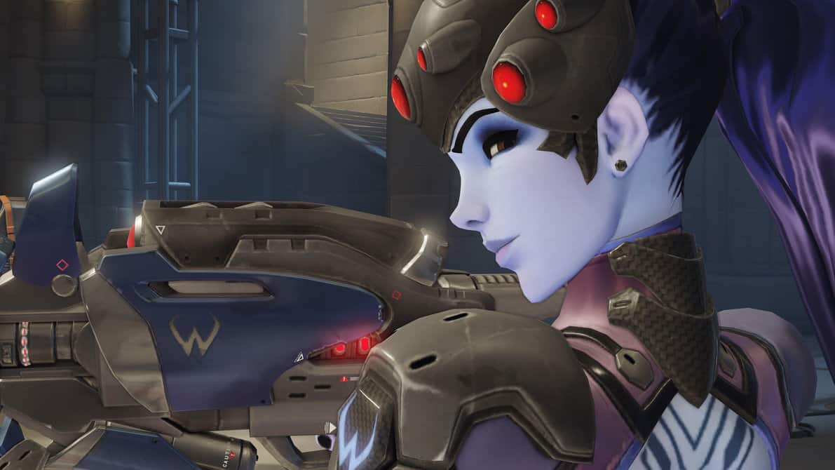 overwatch widowmaker with sniper rifle smirking at camera