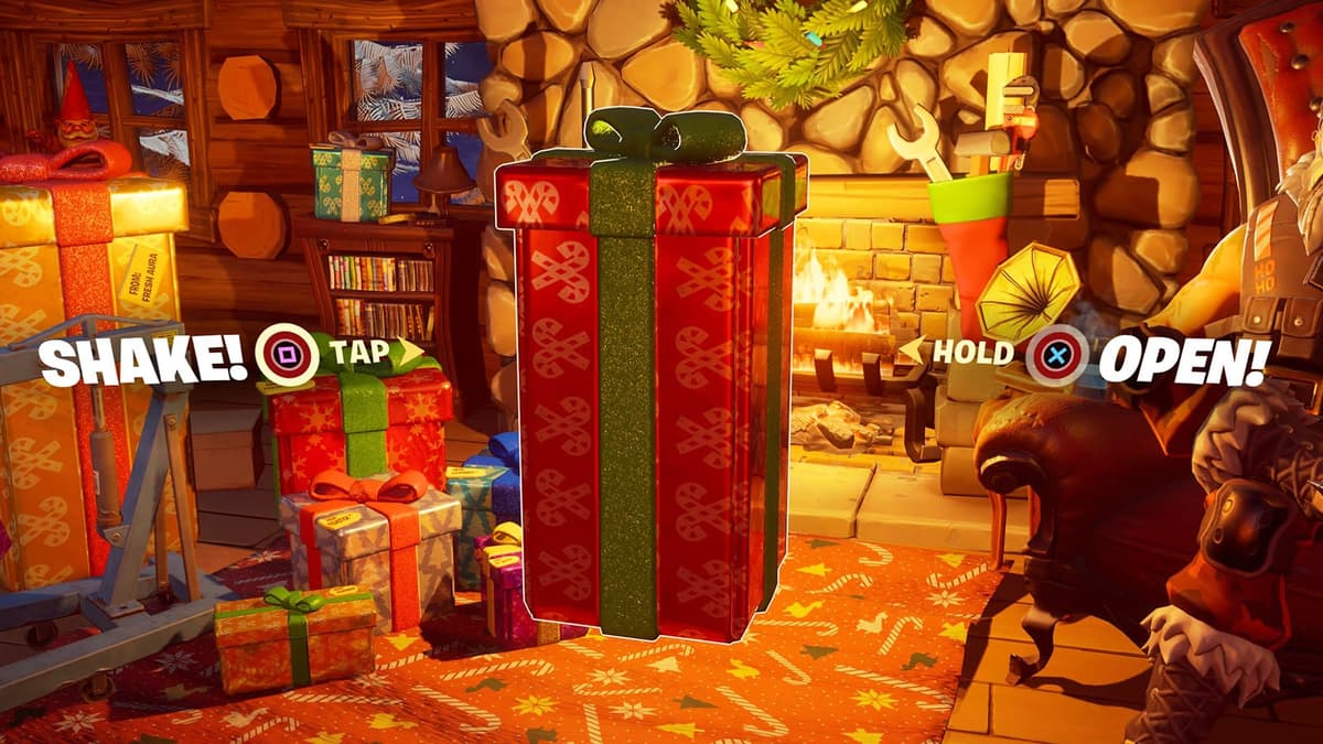 Opening a present in Fortnite Winterfest 2021