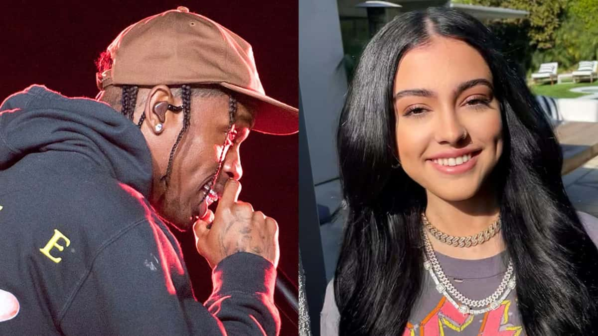 Travis Scott singing next to Malu Trevejo posing for a photo