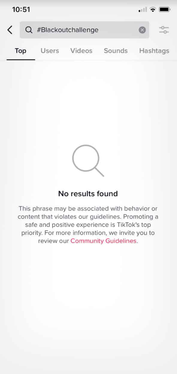 TikTok blackout challenge search results