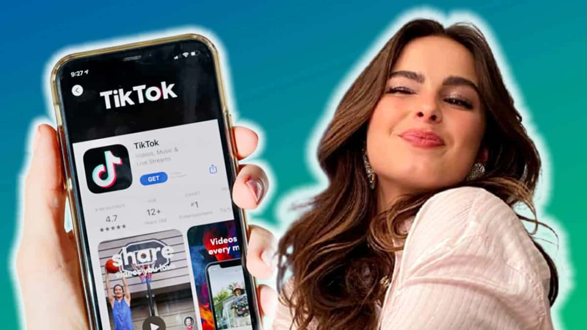 Addison Rae next to phone with TikTok on it