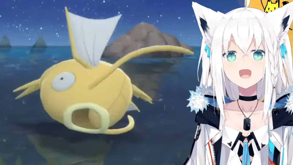 Hololive VTuber Shirakami Fubuki next to shiny Magikarp in Pokemon Brilliant Diamond