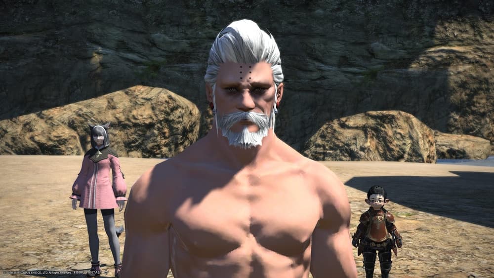 ffxiv Godbert Manderville stands shirtless in Ul'Dah desert