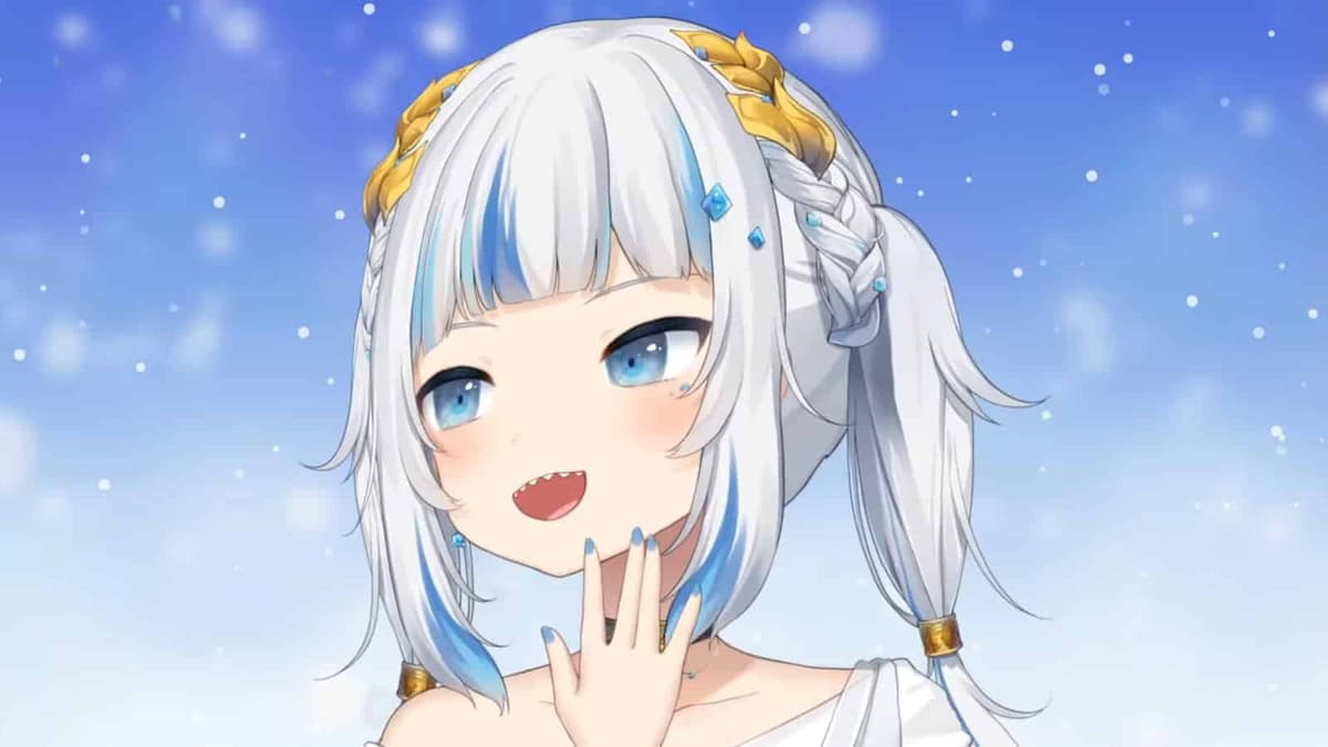 Hololive VTuber Gawr Gura with smug look holding hand to face