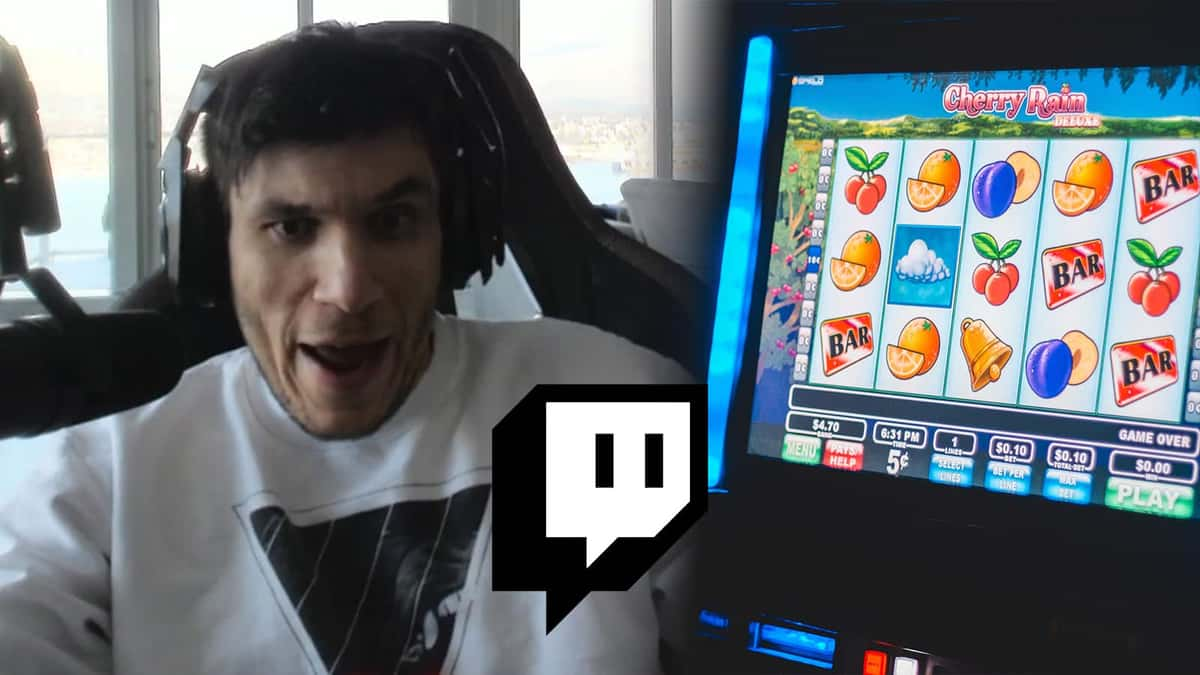 Trainwreck gesturing at slots machine on Twitch