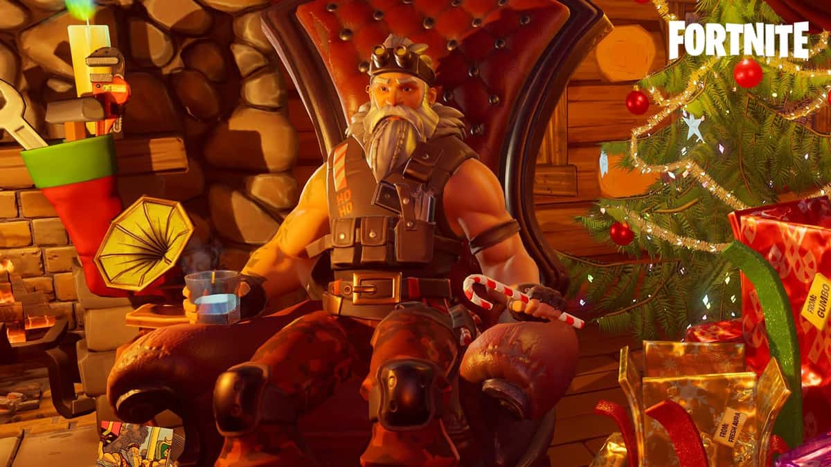 A screenshot of Crackshot's Cabin with the last Fortnite Winterfest present