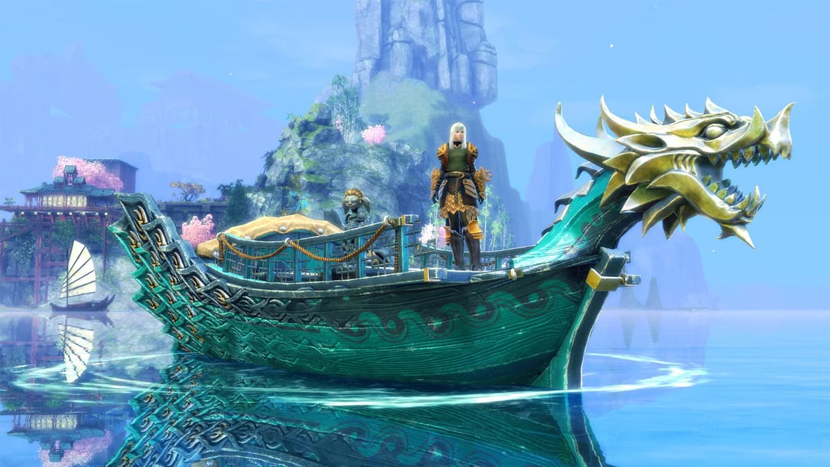 guild wars 2 end of dragons character fishing on a skiff