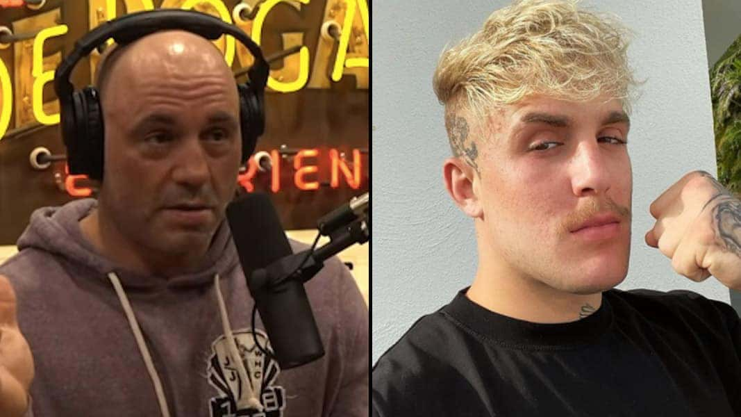 Joe Rogan talking into mix with Jake paul posing with fist