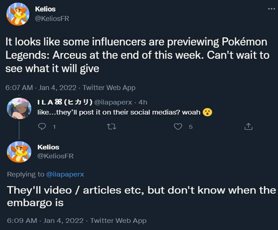 Kelios FR tweets about Pokemon Legends Arceus preview embargos