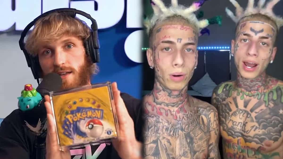 Logan Paul holding Pokemon card box next to TikTok rappers the Island Boys