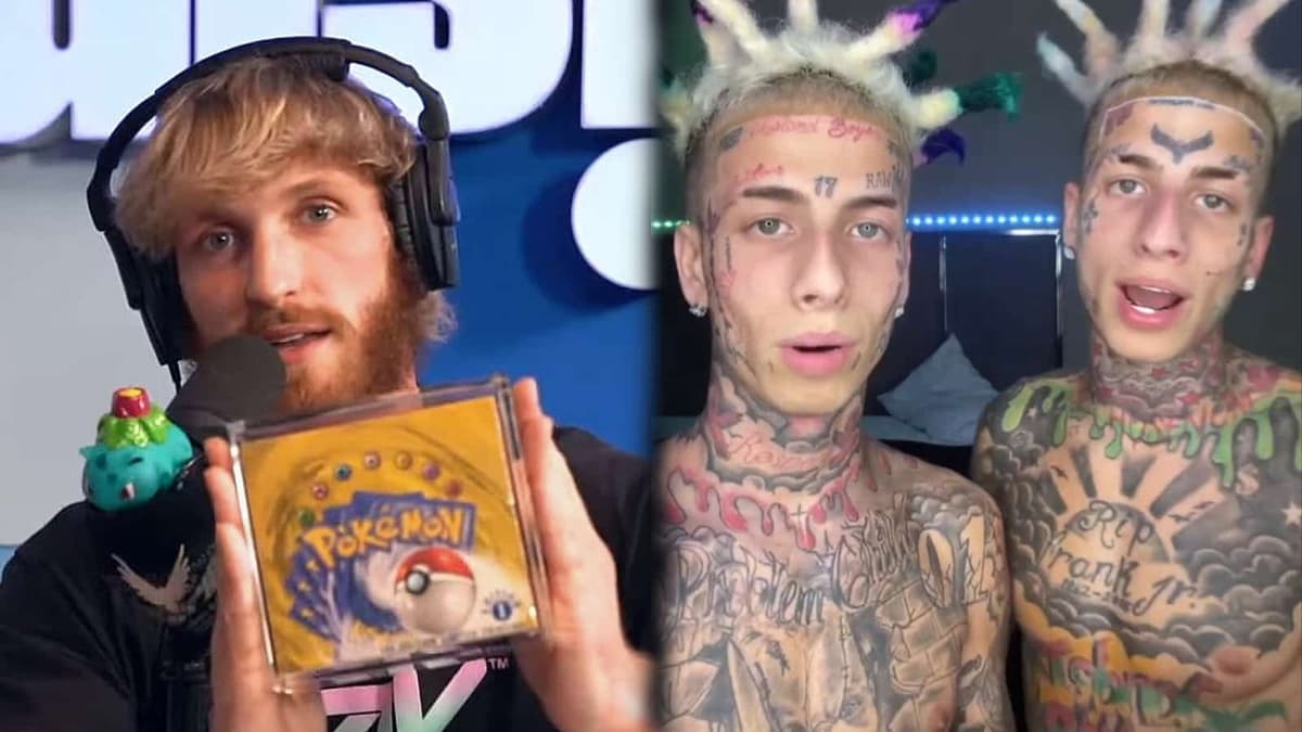 Logan Paul holding Pokemon card box next to TikTok rappers the Island Boys