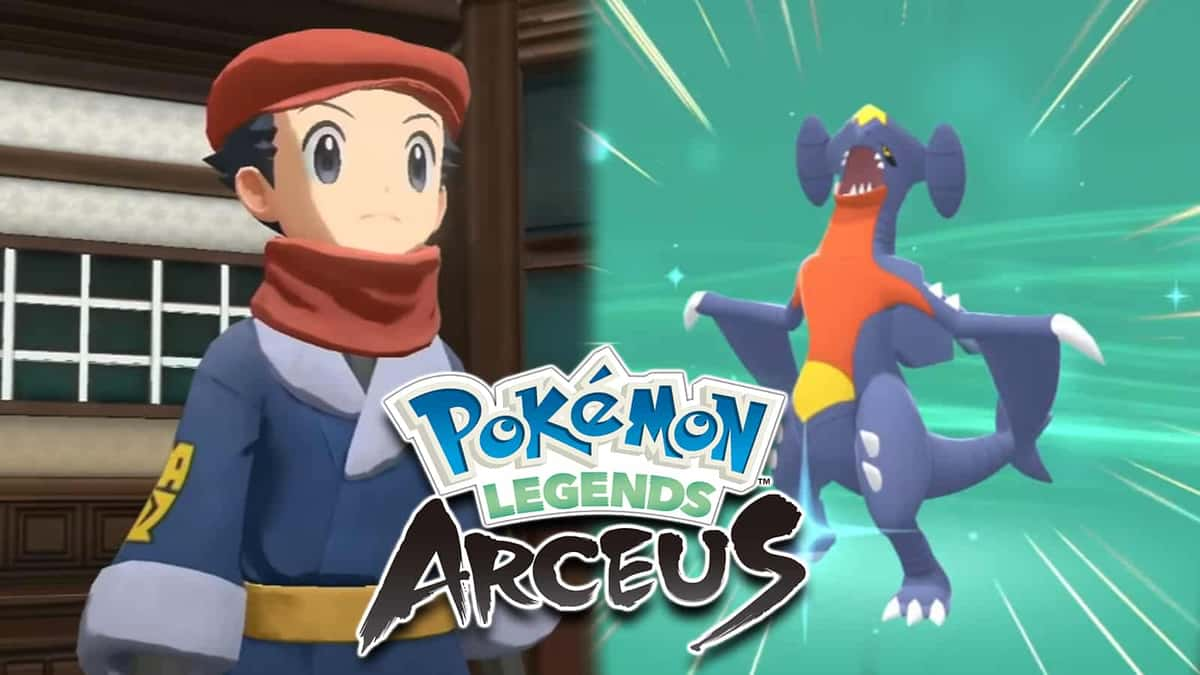 Pokemon Legends Arceus protagonist next to Garchomp evolution screen