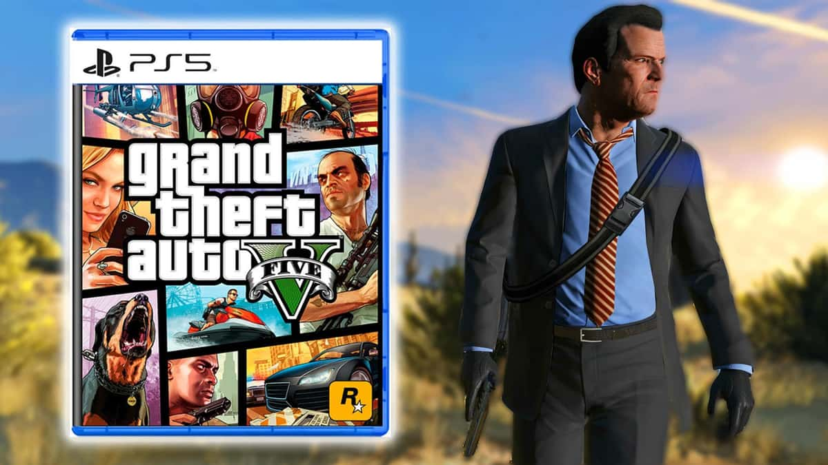 An image of GTA 5 cover art next to Michael De Santa from GTA 5.