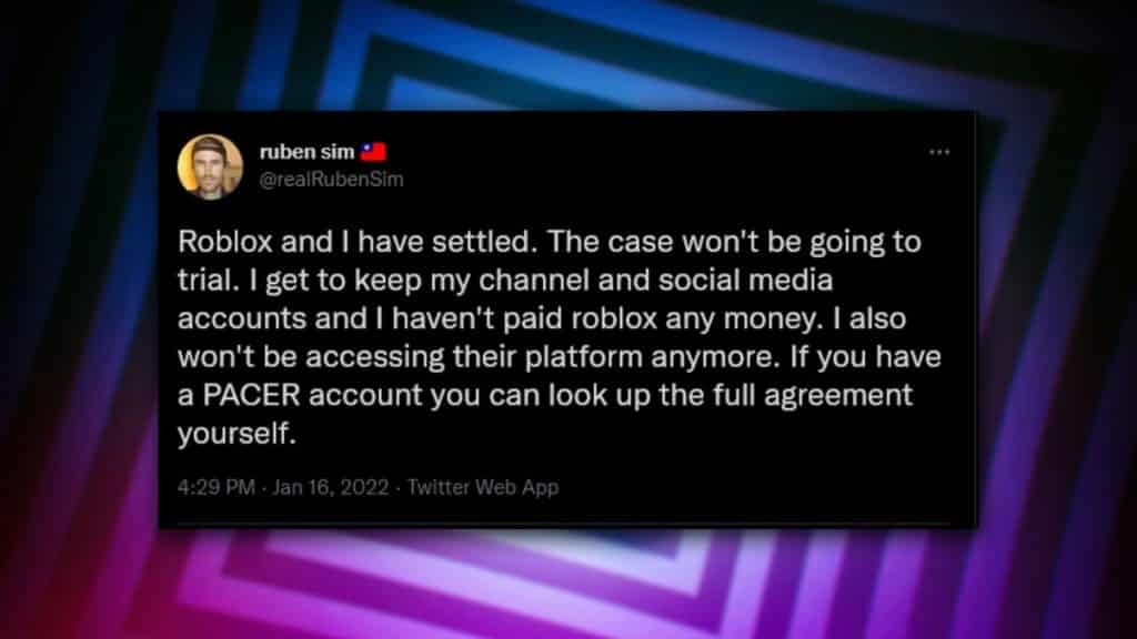 ruben sim announces roblox lawsuit settled