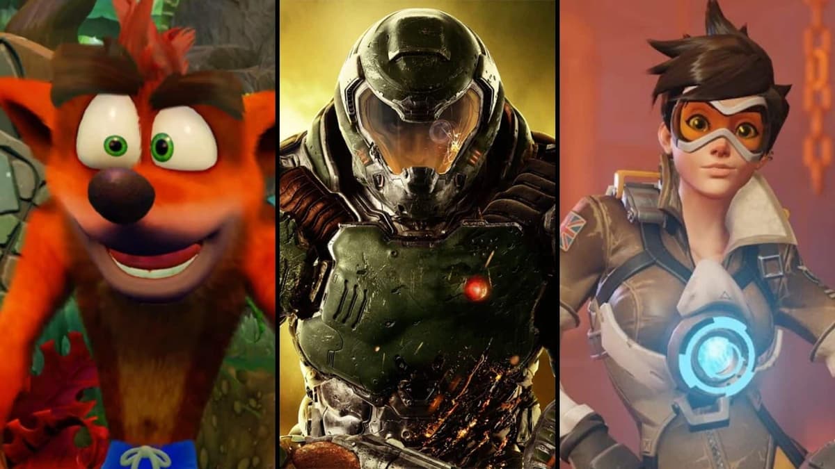 crash bandicoot, doomguy, and tracer