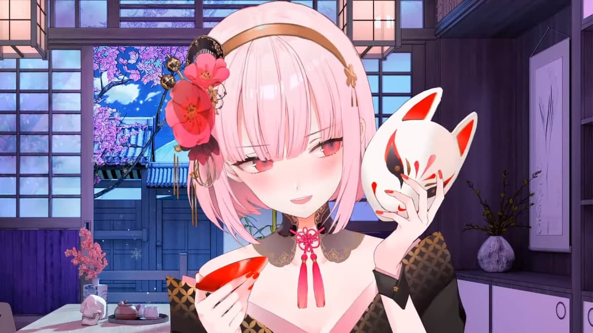 Hololive star Mori Calliope during kimono reveal stream holding kitsune mask and sake glass