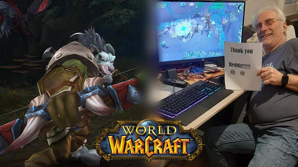 world of warcraft wow hunter worgen next to photo of older man playing game