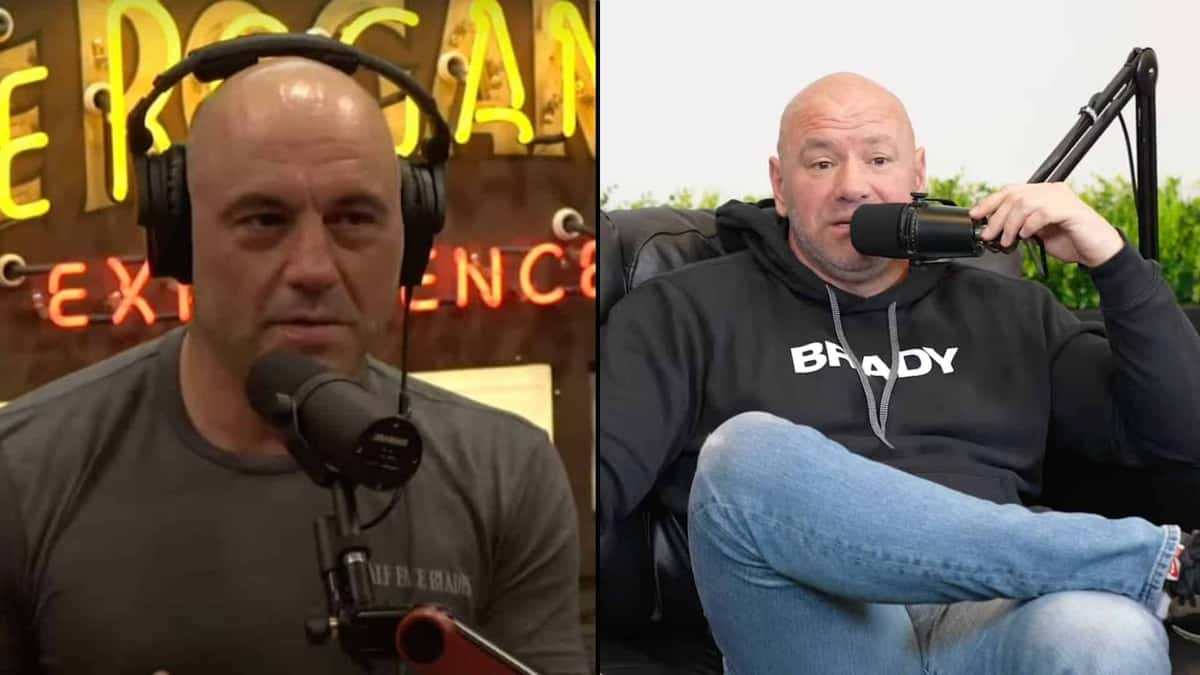 Joe Rogan and Dana White side-by-side talking into mics