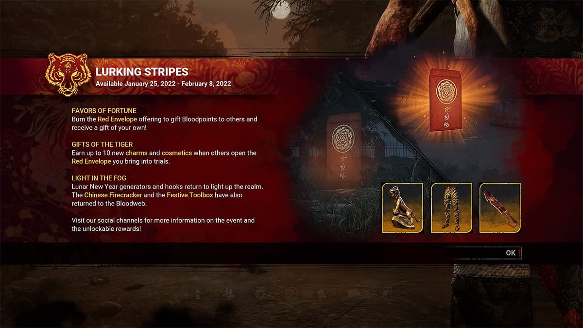 An image that shows information about the Lurking Stripes Lunar New Year event in Dead by Daylight