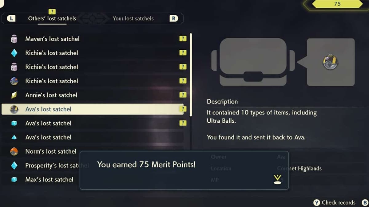 Pokemon Legends Arceus Merit Points Lost satchel menu screenshot.