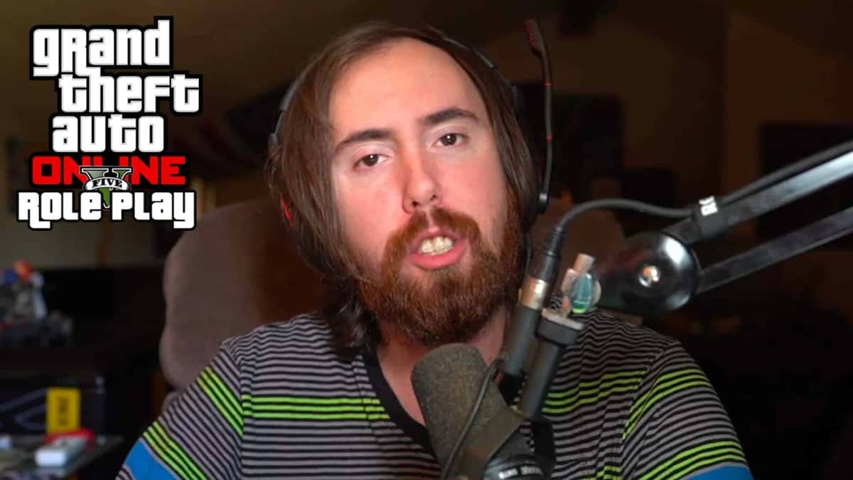 Asmongold talking to mic with GTA RP logo