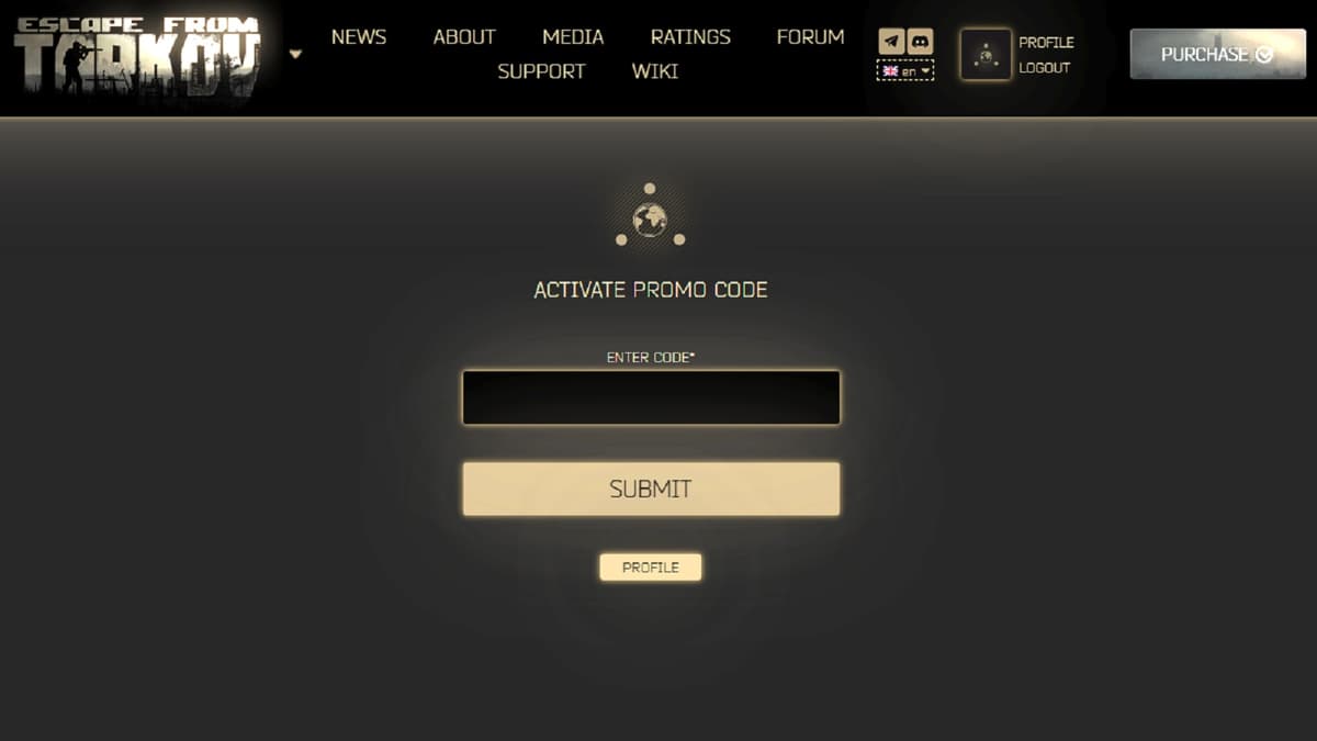 screenshot featuring the promo code redeem page on the official Escape from Tarkov website.