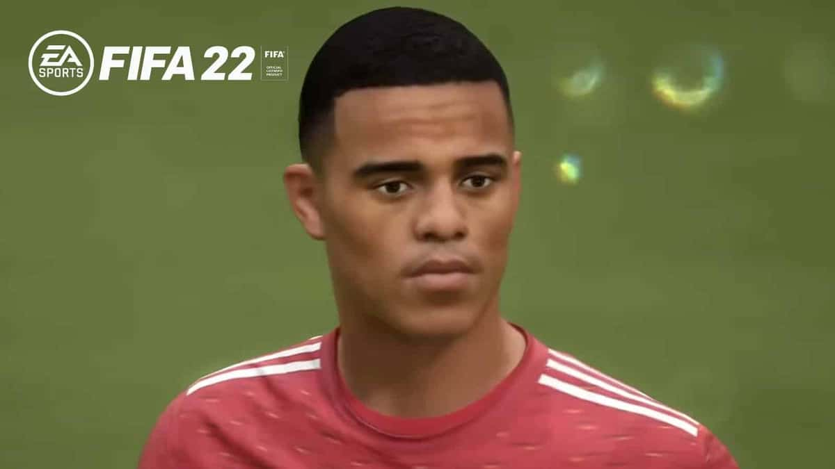 Mason Greenwood in FIFA with FIFA 22 logo in top left corner