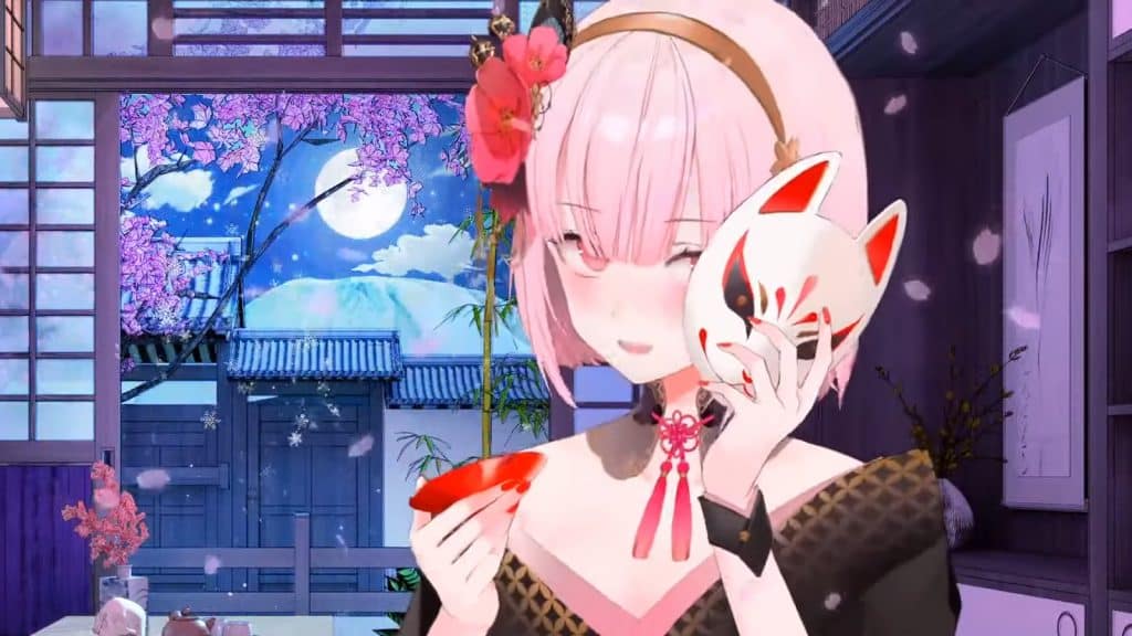 Mori Calliope hiding behind kitsune mask in hololive live2d kimono outfit