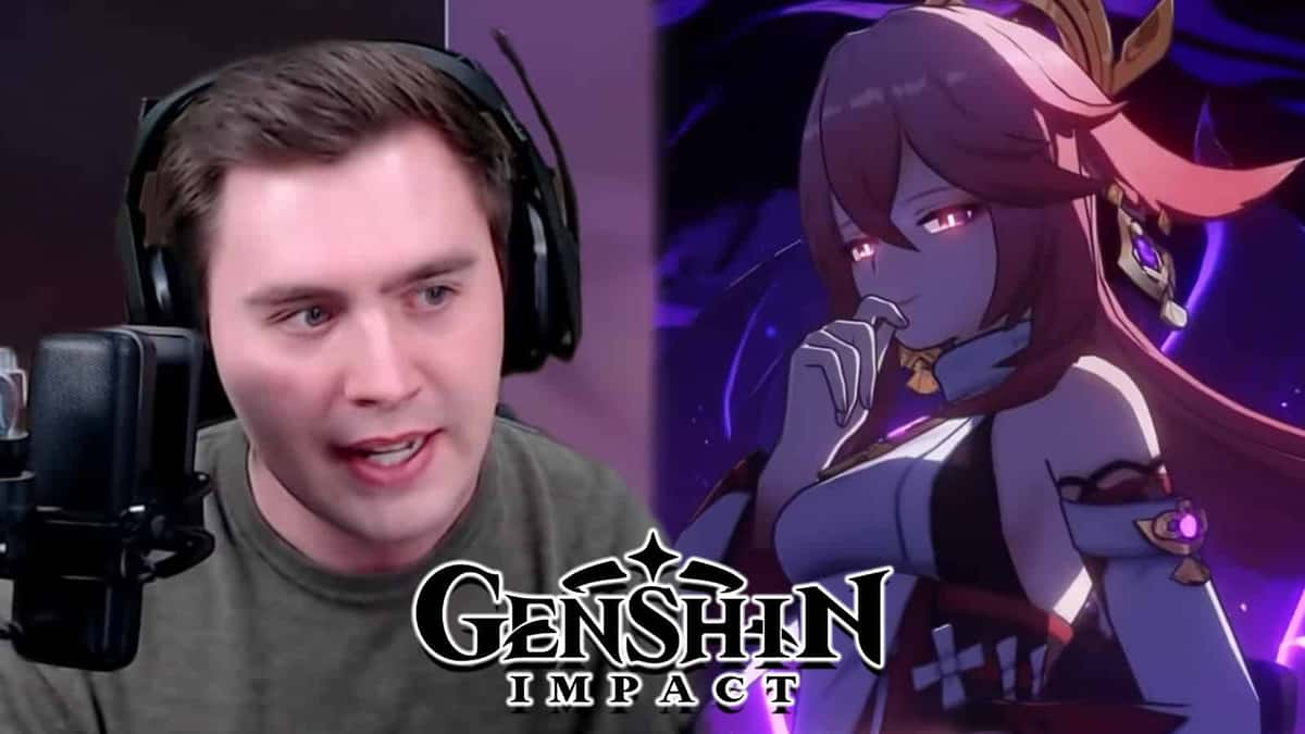 YouTuber Mtashed next to Genshin Impact hero Yae Miko screenshot.